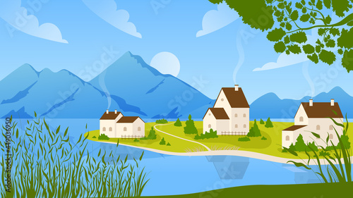 Village on river, mountain summer nature landscape vector illustration. Cartoon beautiful rural countryside scenery, residential area on river or lake shore, farm houses with green gardens background
