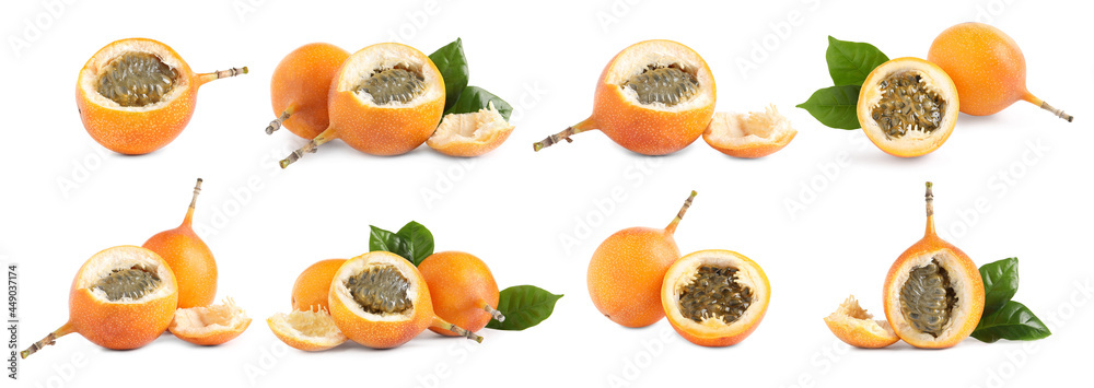 Set with delicious granadillas on white background. Banner design Set with delicious granadillas on white background. Banner design