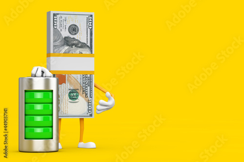 Stack of One Hundred Dollar Bills Person Character Mascot with Abstract Charging Battery. 3d Rendering