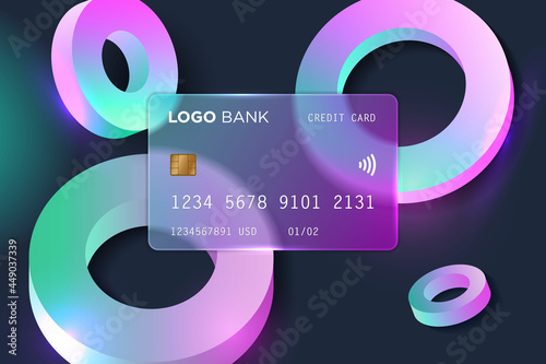 Vector image in the style of Glass Morphism.
Translucent bank card, frosted glass and ring shapes. Place for your text.