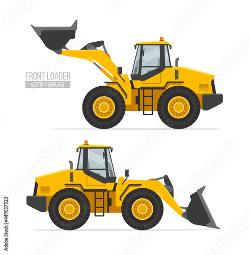 Big wheel Front loader truck with raised and lowered bucket on white background vector illustration. Flat design Front-end loader. Construction machinery