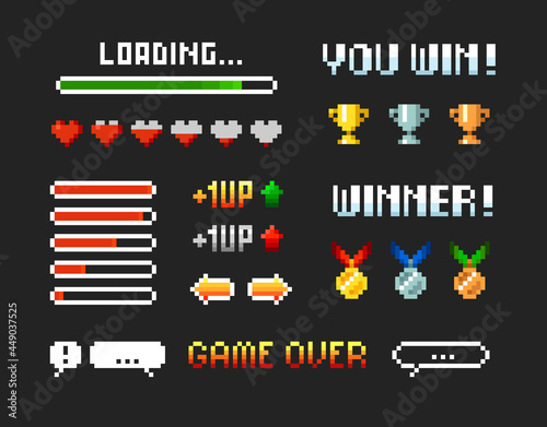 Pixel art 8 bit winner trophy cups and medals with loading bar set elements for arcade game design. Level up with health loading scale, speech bubble. Retro video game elements