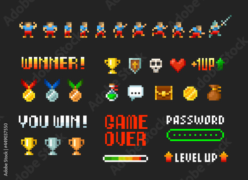 Pixel art 8 bit winner trophy cups and medals with game loot icons for arcade design. Level up with character animation scene design. Retro video game elements