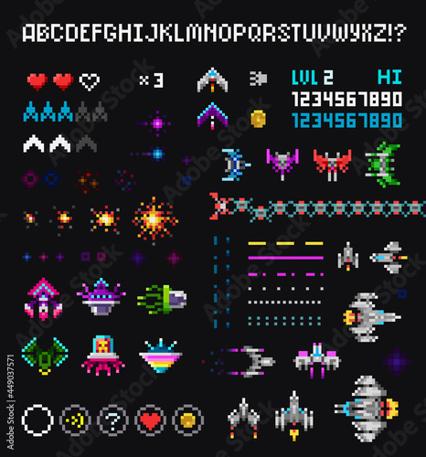 Carta da parati Pixel Art 8 bit arcade video game creator set with font alphabet, ufo aliens, space ships, rockets, explosion