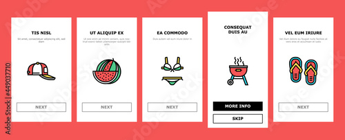 Summer Vacation Travel Onboarding Mobile App Page Screen Vector. Resting On Summer Tropical Beach And Drink Exotic Cocktail, Swimming In Pool And Cooking Bbq Illustrations