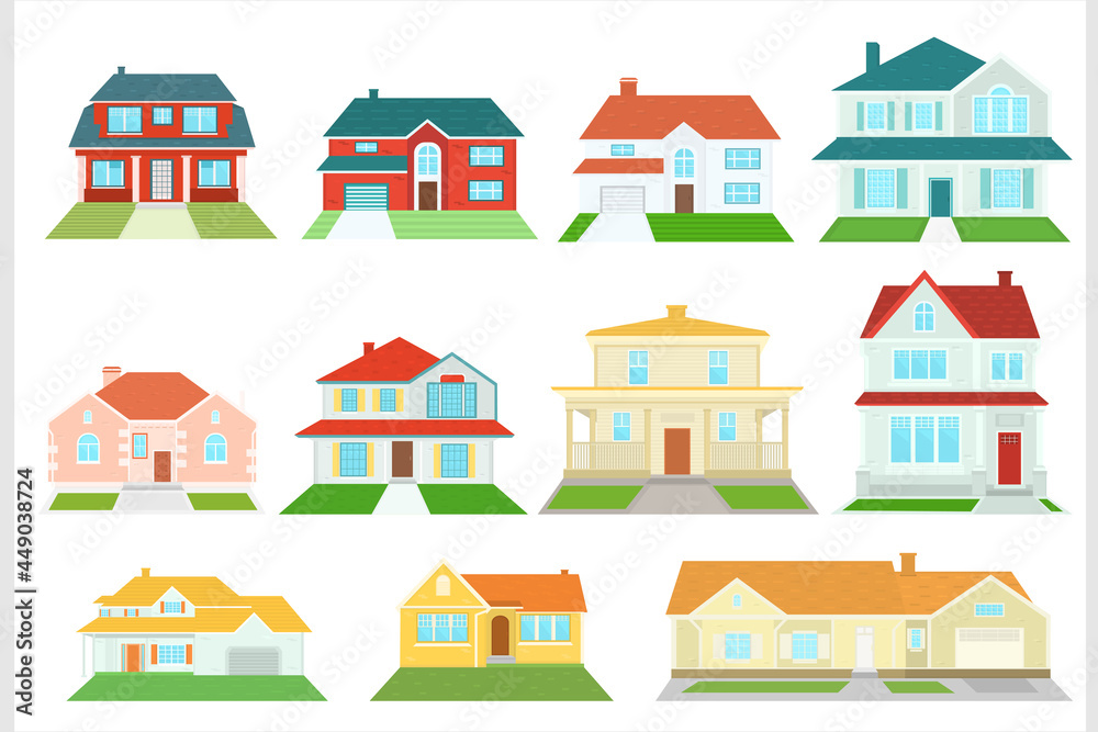 Set of vector houses on a white background. American residential buildings.