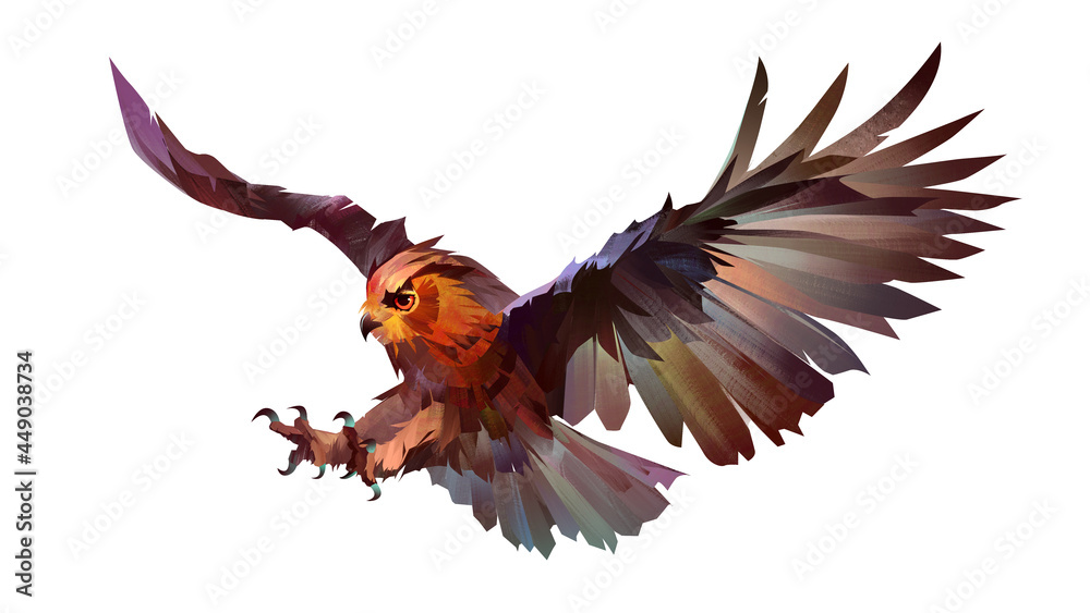 Obraz premium drawn bright bird of prey owl on white background