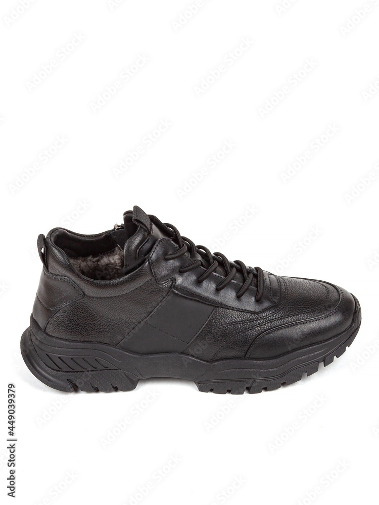 Classsic new men's black winter leather fur boots isolated on white background Classsic new men's black winter leather fur boots isolated on white background