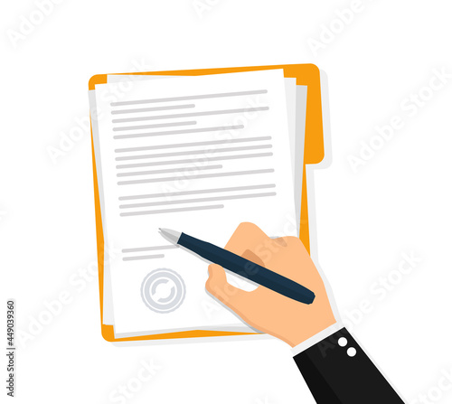 Hands signing document vector flat illustration design