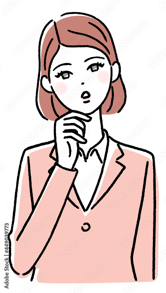 手を顎に当てて考える女性 手を顎に当てて考える女性