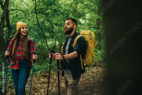 Couple of hikers using trekking poles and spending time in the nature © Zamrznuti tonovi