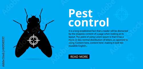 Fly and insect control web banner with text space. Silhouette of a fly on a blue background. Control, processing of the premises. Vector, illustration