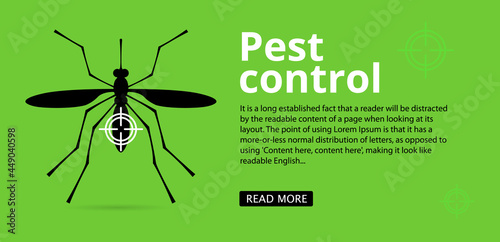 Mosquito and insect control web banner with text space. Mosquito silhouette on a green background. Control, processing of the premises. Vector, illustration