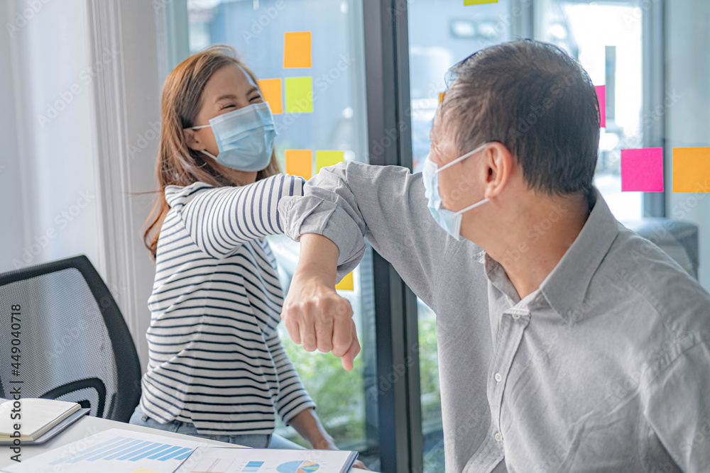 Asian People Successful Teamwork Business Wearing Medical Mask and Working. Work from Private Office Social Distancing among Coronavirus Outbreak Situation Asian People Successful Teamwork Business Wearing Medical Mask and Working. Work from Private Office Social Distancing among Coronavirus Outbreak Situation