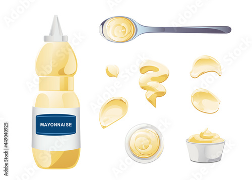 Mayonnaise in bowl, bottle, stains and splash set. Condiment white sauce icon set. Top and front view vector illustration.