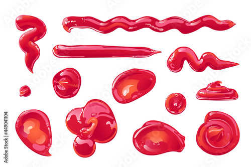 Tomato ketchup splashes, stains and drops set. Red food condiment. Vector elements in flat cartoon style.