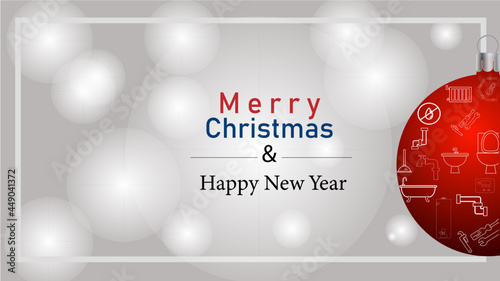 Christmas poster and greeting cards  with plumber tools on red Christmas ball, 