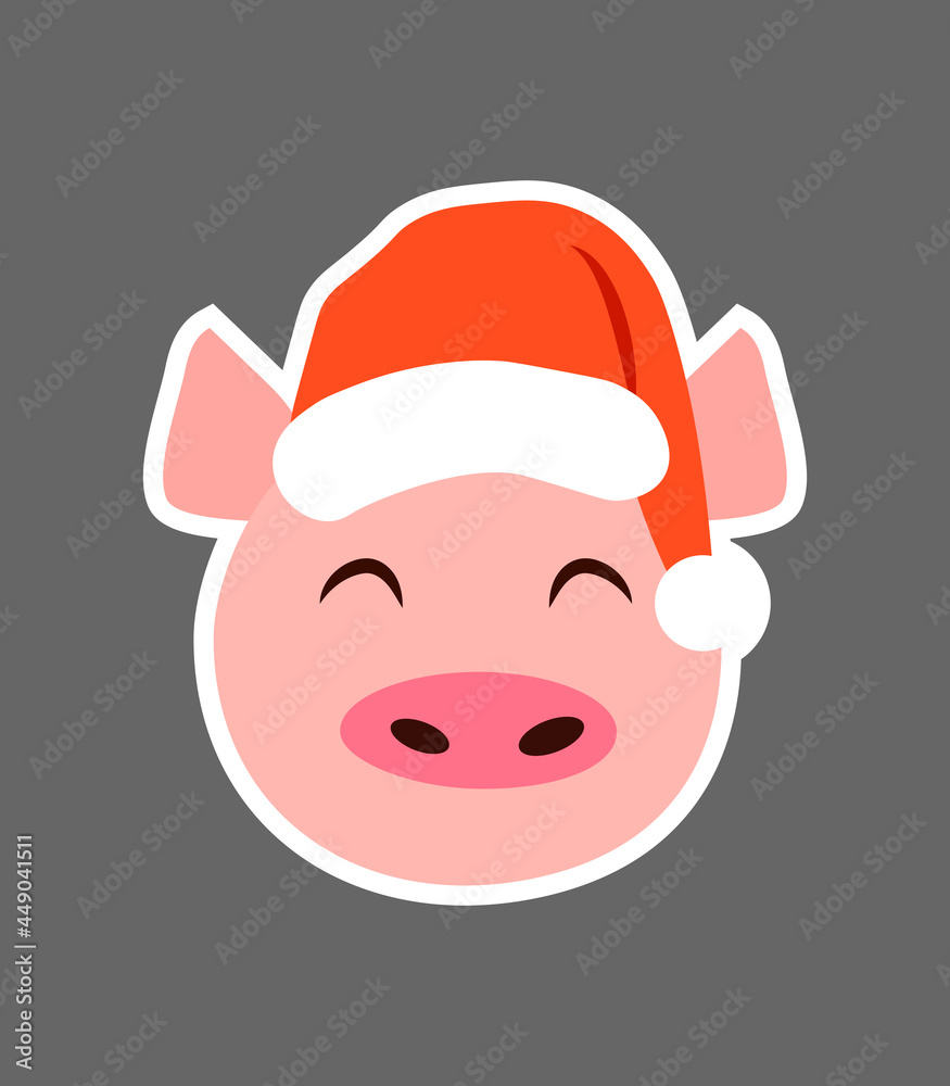 Pig in santa claus head Christmas greeting card Pig in santa claus head Christmas greeting card
