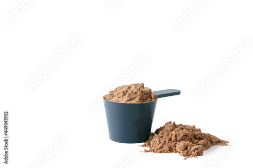 a scoop of protein powder isolated on white