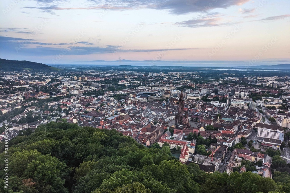 Freiburg im Breisgau. View over beautiful south german city at sunrise.