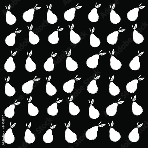 Vector pattern of vegetables, fruits, pears. Black and white botanical illustration. Pattern for textiles, postcards, posters, design of cookbook, magazine, website. Black background, white elements