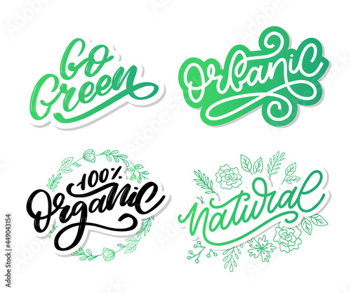 Go Green label, trendy brush lettering, inspirational phrase. Vegetarian concept. Vector calligraphy for vegan shop, cafe, restaurant menu, badges, stickers, banners, logos. Modern typography