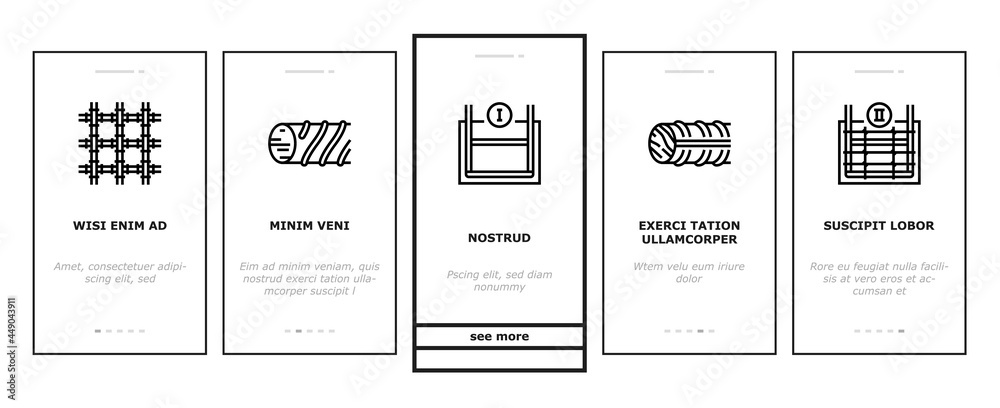 Rebar Construction Onboarding Mobile App Page Screen Vector. Threaded And Hardened Steel Fittings, Metal And Basalt Rebar Production, Concrete Floor And Wall Illustrations Rebar Construction Onboarding Mobile App Page Screen Vector. Threaded And Hardened Steel Fittings, Metal And Basalt Rebar Production, Concrete Floor And Wall Illustrations