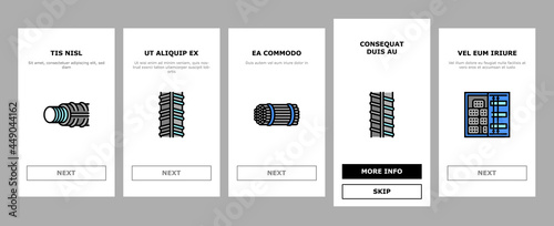Rebar Construction Onboarding Mobile App Page Screen Vector. Threaded And Hardened Steel Fittings, Metal And Basalt Rebar Production, Concrete Floor And Wall Illustrations