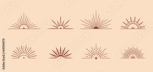 Bundle of vector bohemian logo design templates with sun,moon,star and sunburst.Boho linear icons or symbols in trendy minimalist style.Modern celestial emblems.Branding designs templates.