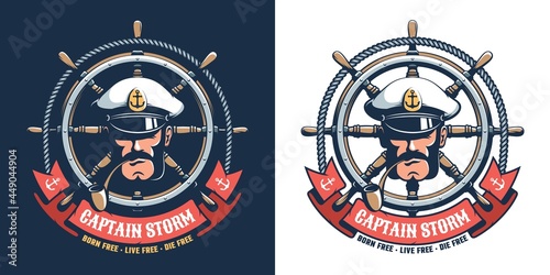 Vintage seafarer emblem. Captain seaman head with ship helm - retro logo. Vector illustration.