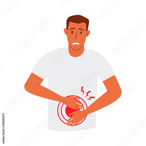 A flat vector cartoon illustration of a man experiencing pain or cramps in the abdominal area. Problems of the digestive system. Isolated design on a white background.