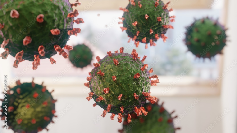 Close-up of dissolving virus under microscope., SARS-CoV-2 COVID-19 pandemic cure or vaccination concept. Realistic high quality medical 3D Rendering