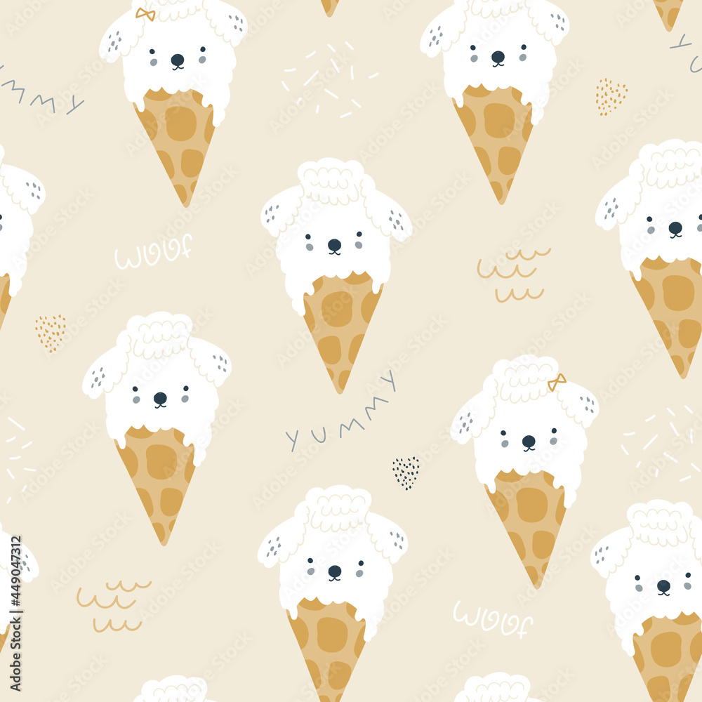 Cute ice cream puppies seamless pattern. Childish creative texture for  fabric, apparel, wallpaper Stock Vector | Adobe Stock
