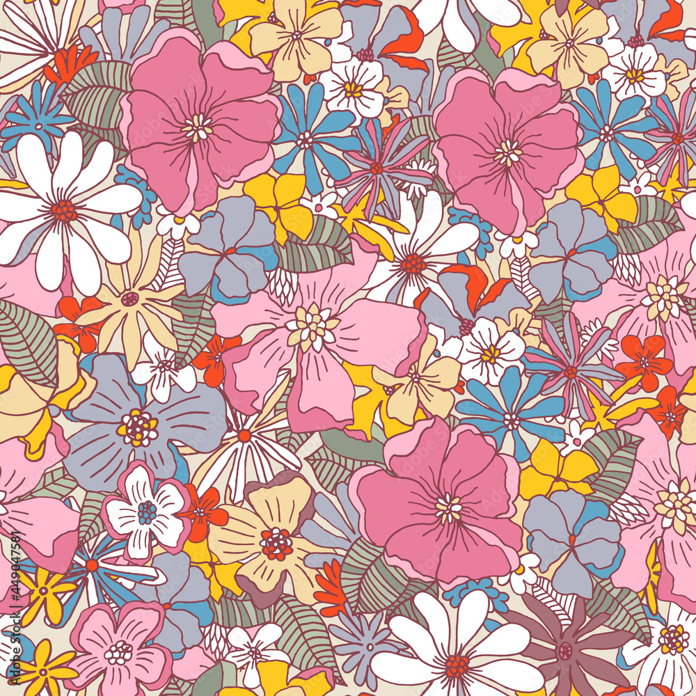 Seamless retro style hand drawn floral pattern. High detailed flower texture. Vector illustration Seamless retro style hand drawn floral pattern. High detailed flower texture. Vector illustration