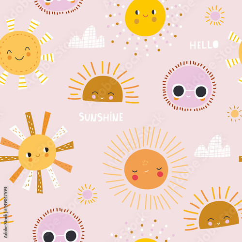 Creative childish pattern with sun, clouds. Vector childish seamless texture for fabric, wallpaper, textile.