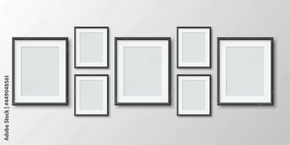 Realistic vertical blank photo frames on wall background. Empty photo  collage set. Mockup for pictures, photography, poster. Moodboard.  Decorative design element interior. Vector illustration Stock Vector |  Adobe Stock