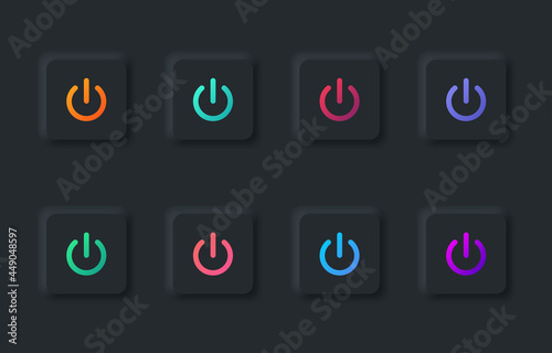 Set of colorful square power buttons in modern neumorphic trend style. Turn on mode. UI, UX set for mobile app. Dark mode. Graphic elements in skeuomorph design. Vector illustration