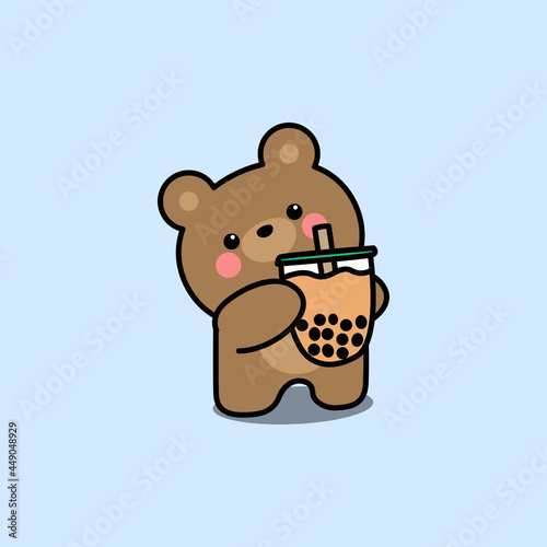 Cute bear with bubble tea cartoon, vector illustration