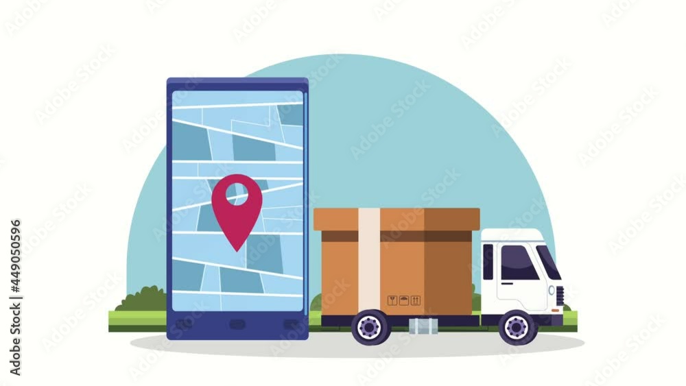 logistic service animation with truck and smartphone