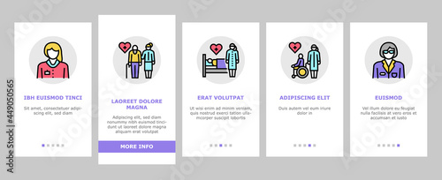 Homecare Services Onboarding Mobile App Page Screen Vector. Volunteer Personal Care Elderly And Sick People, Dressing And Helping Washing Homecare Services Illustrations