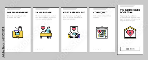 Homecare Services Onboarding Mobile App Page Screen Vector. Volunteer Personal Care Elderly And Sick People, Dressing And Helping Washing Homecare Services Illustrations