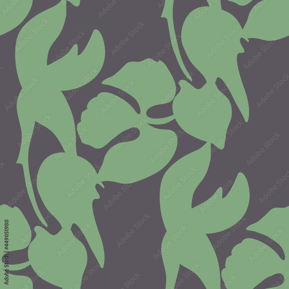 Seamless whimsical cute pattern of large abstract green botanical shapes on navy background.Endless floral ornament.Backdrop for fabric,textile,linen,covers,wrapping,decoupage,women clothes.Vector Seamless whimsical cute pattern of large abstract green botanical shapes on navy background.Endless floral ornament.Backdrop for fabric,textile,linen,covers,wrapping,decoupage,women clothes.Vector