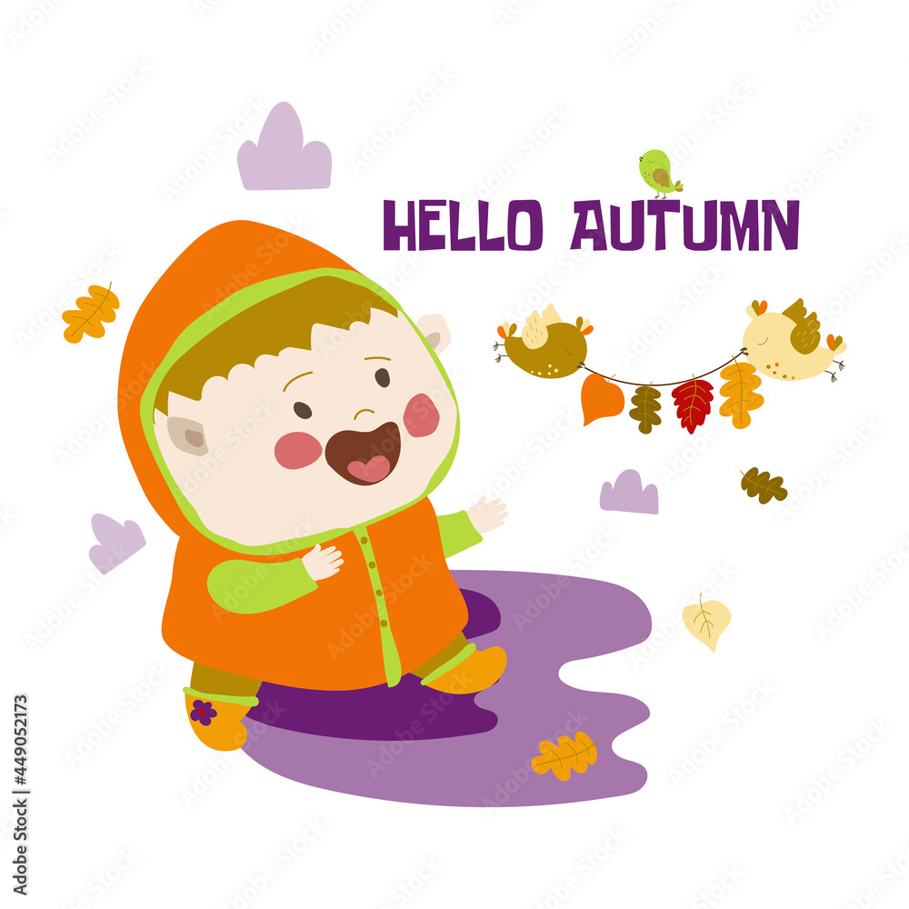Obraz premium A happy little girl walking in the fall. A girl is happy in autumn. Little birds holding autumn leaves in their beaks. Vector illustration on white background in cartoon style. Isolated. 