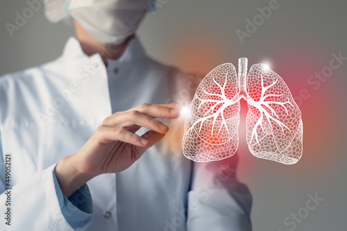 Unrecognizable doctor caring highlighted red handrawn Lungs. Medical illustration, template, science mockup. photo