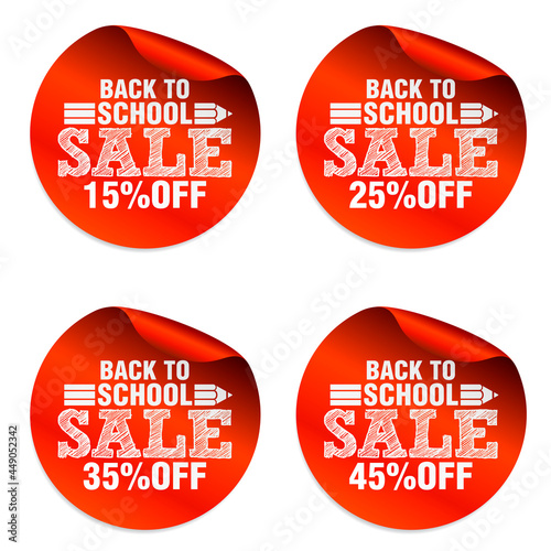 Back to school red sale stickers set with pencil icon. Sale 15%, 25%, 35%, 45% off. Vector illustration