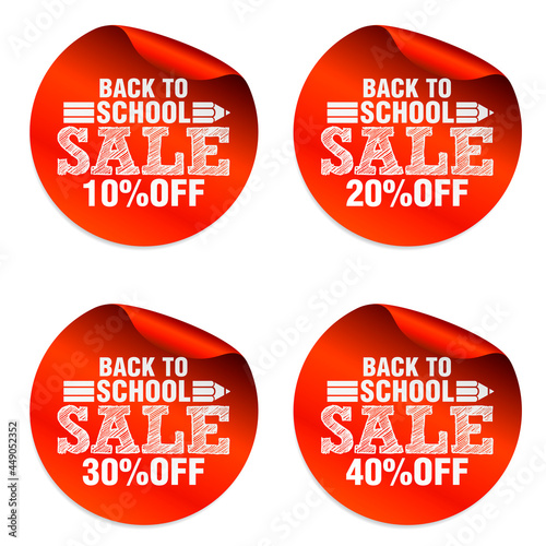 Back to school red sale stickers set with pencil icon. Sale 10%, 20%, 30%, 40% off. Vector illustration