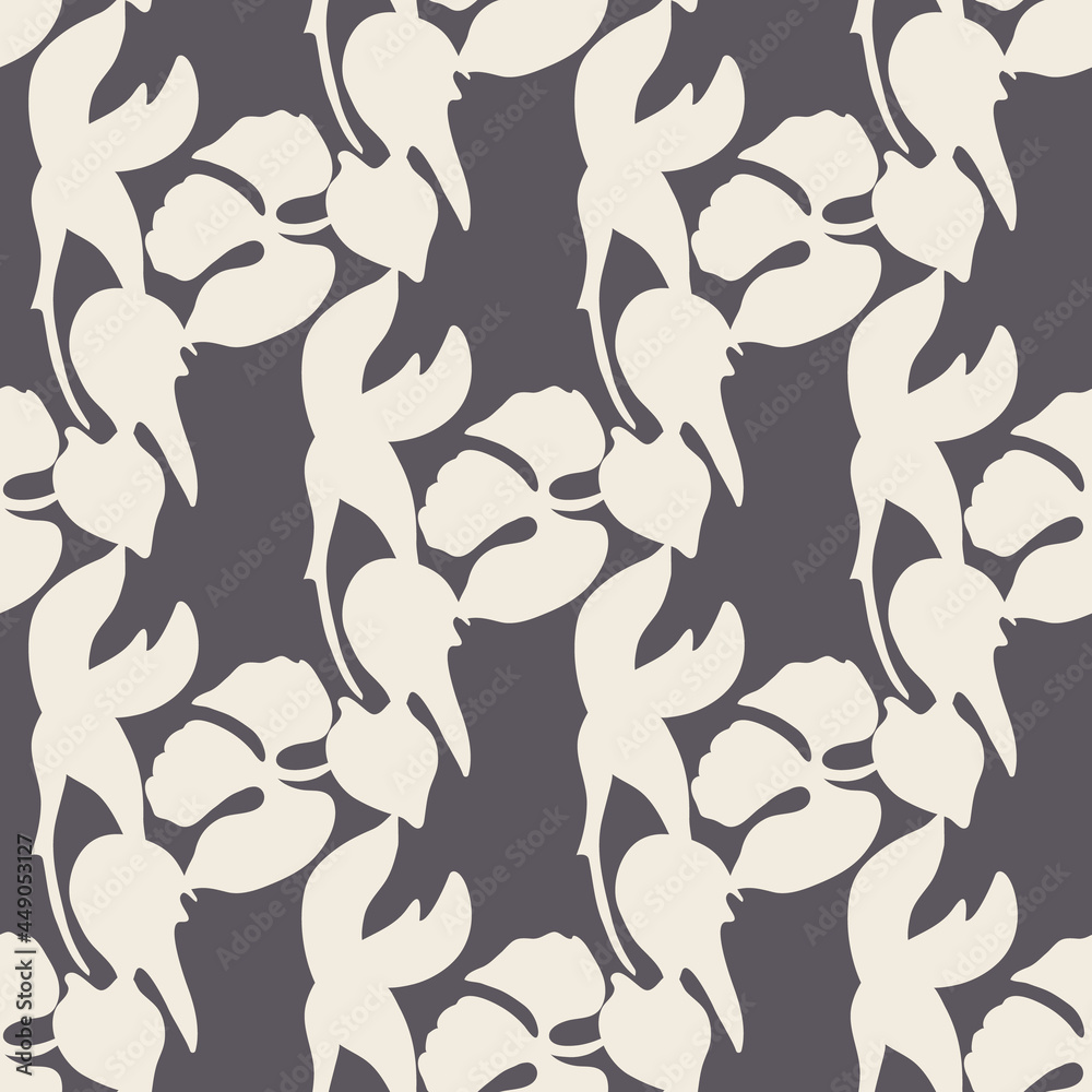 Seamless whimsical cute pattern of large abstract white botanical shapes on navy background.Endless floral ornament.Backdrop for fabric,textile,linen,covers,wrapping,decoupage,women clothes.Vector Seamless whimsical cute pattern of large abstract white botanical shapes on navy background.Endless floral ornament.Backdrop for fabric,textile,linen,covers,wrapping,decoupage,women clothes.Vector