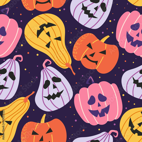 Hand-drawn seamless pattern for Halloween celebration. Colourful pumpkin vector background. © lumionary
