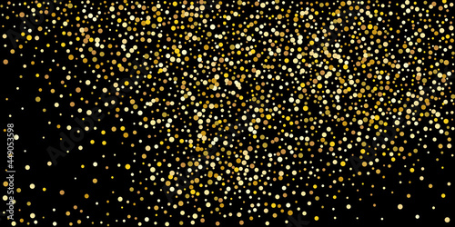 Golden point confetti on a black background. Luxury festive background. Decorative element. Element of design. Vector illustration  EPS 10.