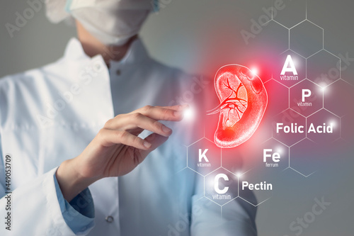 Essential nutrients for Spleen health including Pectin, Folic Acid, Vitamin P, Ferrum. Blurred portrait of doctor holding highlighted red volumetric drawing of Spleen. photo